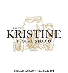 Vector vintage logo with hand drawn sketch plants, herbs, branches and floral elements in glass jars isolated on white background. Natural design concept for emblem, packaging, label, branding