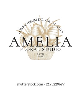 Logotipo vectorial vintage con paracaídas dibujadas a mano, hierbas, ramas y elementos florales en maceta de madera aislada sobre fondo blanco. Concepto de diseño natural para emblema, embalaje, etiqueta, marca