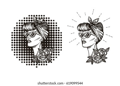 Vector vintage logo. Label, badge, print of girl silhouette  in retro style.