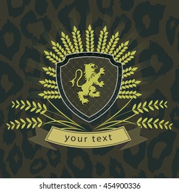 vector vintage logo of a lion on the shield, logos retro logo, image of a wild beast, lion, plants, logo, grunge, logo with a ribbon, wild cat