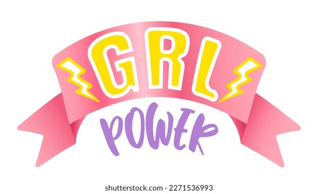 Vector vintage logo with pink ribbon. Retro emblem for women sport. Poster of Girl power with pink ribbon