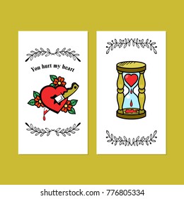 Vector vintage logos about love. Happy Valentine's day! Heart pierced with a knife. You hurt my heart! Heart is bleeding in the hourglass.