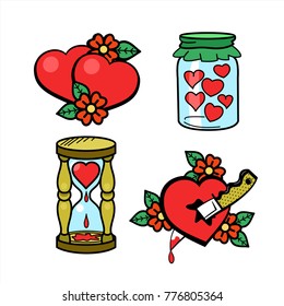 Vector vintage logos about love. Happy Valentine's day! Glass jar filled with hearts, heart pierced with a knife, two hearts, heart's bleeding out in the hourglass.