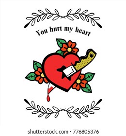 Vector vintage logos about love. Happy Valentine's day! Heart pierced with a knife. You hurt my heart!