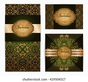 vector vintage luxury baroque damask style invitation card set. Background texture, poster advertisement banner, print, presentation, greeting post card design element