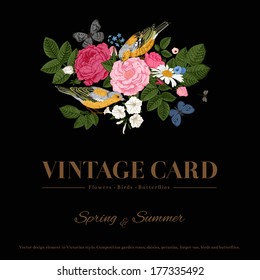 Vector vintage luxury card in Victorian style. Composition of colorful flowers on a black background. Roses, birds, butterflies. Design element.