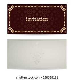 Vector vintage luxury horizontal invitation with a beautiful pattern and border. Front and back side. Maroon and gold.