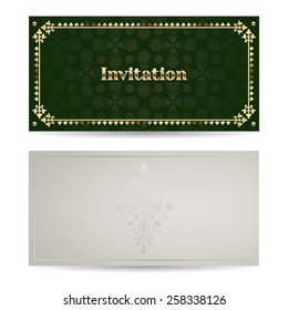 Vector vintage luxury horizontal invitation with a beautiful pattern and border. Front and back side. Green and gold.
