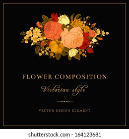 Vector vintage luxury postcard in Victorian style. Composition of colorful flowers on a black background. Roses, tulips, delphinium. Design element.