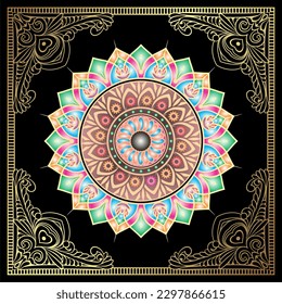Vector vintage mandala border engraved frame logo engraving with retro ornament pattern in antique rococo style decorative design part 6