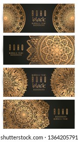 Vector vintage mandala card set gold color. Oriental design Layout. Islam, Arabic, Indian, ottoman motifs. Front page and back page. Ethnic design. Boho chic style.