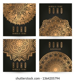Vector vintage mandala card set gold color. Oriental design Layout. Islam, Arabic, Indian, ottoman motifs. Front page and back page. Ethnic design. Boho chic style.