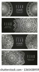 Vector vintage mandala card set silver color. Oriental design Layout. Islam, Arabic, Indian, ottoman motifs. Front page and back page. Ethnic design. Boho chic style.