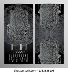 Vector vintage mandala hamsa card set silver color. Oriental design Layout. Islam, Arabic, Indian, ottoman motifs. Front page and back page. Ethnic design. Boho chic style.