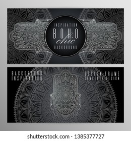 Vector vintage mandala hamsa card set silver color. Oriental design Layout. Islam, Arabic, Indian, ottoman motifs. Front page and back page. Ethnic design. Boho chic style.