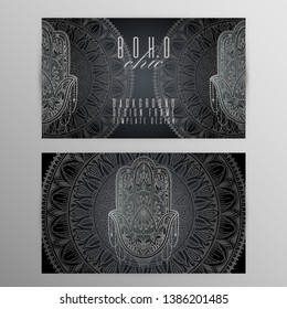 Vector vintage mandala hamsa card set silver color. Oriental design Layout. Islam, Arabic, Indian, ottoman motifs. Front page and back page. Ethnic design. Boho chic style.