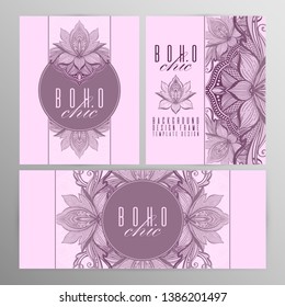 Vector vintage mandala lotus card set pink color. Oriental design Layout. Islam, Arabic, Indian, ottoman motifs. Front page and back page. Ethnic design. Boho chic style.