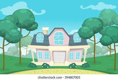 vector vintage mansion with surrounding trees in green field and clear sky background