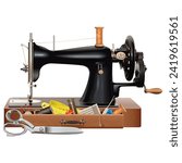 Vector Vintage Manual Sewing Machine with Accessories isolated on white background