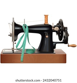 Vector Vintage Manual Sewing Machine with Measuring Tape isolated on white background