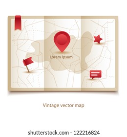 Vector vintage map icon with Pin pointers on white background