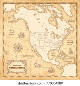 Vector vintage map of the Unites States of America with high quality illustrations of wind roses, sailing ships and sea monsters, on a vector old parchment background.