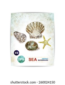 Vector vintage marine background with seashells. Card with sea theme. EPS10.