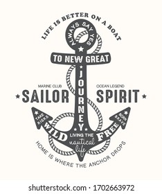 Vector vintage marine travel typography illustration with ship anchor and rope isolated on white background. Nautical adventure badge, emblem or label 