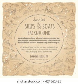 Vector vintage marine vessels background. Lightship, fireboat, fishing trawler, speedboat, sailboat and motorboat. Sketched nautical ships and boats on vintage paper background.