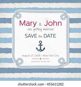 Vector Vintage Marine Wedding Invitation. Nautical Design. Beach Party Invitation. Sea Style Wedding. Save The Date.