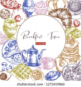 Vector vintage meal round frame, breakfast objects, food top view, hand drawn illustrations, menu design