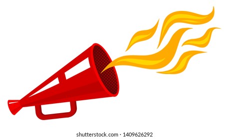 Vector vintage megaphone with fire. Retro red megaphone with flame.