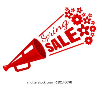 Vector vintage megaphone with flowers for spring sale. Red megaphone with flowers
