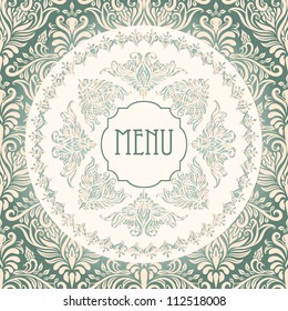 vector vintage menu template with lacy napkin and floral seamless pattern at the background, eps 10 file with transparency effects, pattern in swatch menu