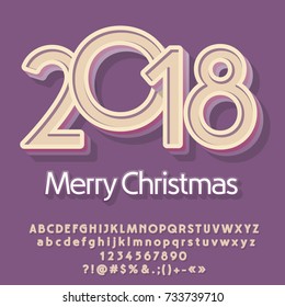 Vector vintage Tarjeta de felicitación Merry Christmas 2018 con juego de letras, símbolos y números alfabetos. El tipo de letra retro contiene el estilo gráfico