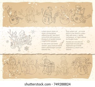 Vector vintage Merry Christmas background with cute snowmen. Snowmen are skiing, singing and skating. Candy cane, gift, garland, Christmas sock and baubles, birds, snowflakes. Old paper background.