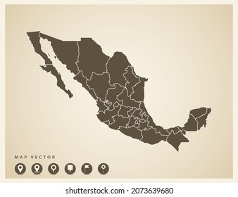 Vector Vintage Of Mexico Map On Old Background.