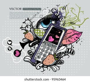 vector vintage mix of a phone, berries,lips and an eye on an abstract background