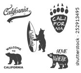 Vector vintage monochrome California badges and design elements for t shirt print. Typography illustrations. California Republic bear 