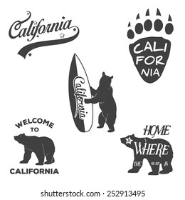 Vector vintage monochrome California badges and design elements for t shirt print. Typography illustrations. California Republic bear 