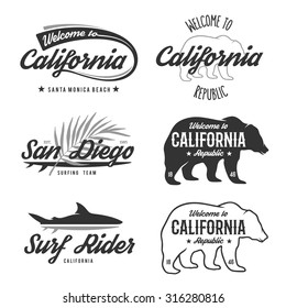 Vector vintage monochrome California badges. Design elements for t shirt print. Lettering typography illustrations. California republic bear.