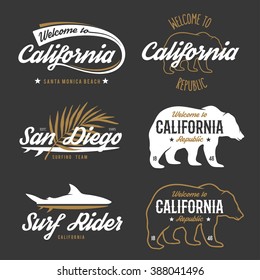 Vector vintage monochrome California badges. Design elements for t shirt print. Lettering typography illustrations. California republic bear.