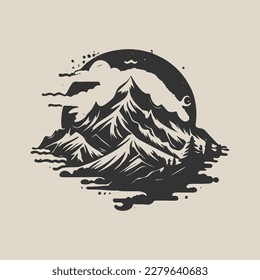 vector vintage monochrome mountains and trees. Mountain badge vector