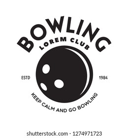 Vector vintage monochrome style bowling logo, icon, symbol. Bowling ball and bowling pins illustration. Trendy design elements, isolated on white background.