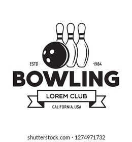 Vector vintage monochrome style bowling logo, icon, symbol. Bowling ball and bowling pins illustration. Trendy design elements, isolated on white background.