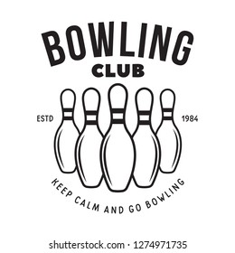 Vector vintage monochrome style bowling logo, icon, symbol. Bowling ball and bowling pins illustration. Trendy design elements, isolated on white background.