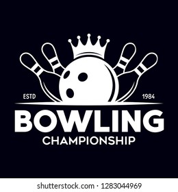 Vector vintage monochrome style bowling logo, icon, symbol. Bowling ball and bowling pins illustration. Trendy design elements, isolated on black background.