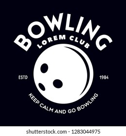 Vector vintage monochrome style bowling logo, icon, symbol. Bowling ball and bowling pins illustration. Trendy design elements, isolated on black background.