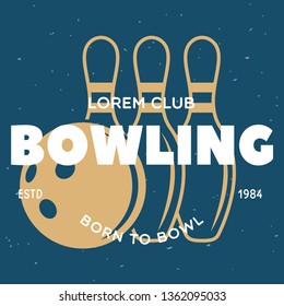 Vector vintage monochrome style bowling logo, icon, symbol. Bowling ball and bowling pins illustration. Trendy design elements, isolated on black background.