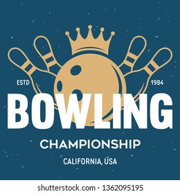 Vector vintage monochrome style bowling logo, icon, symbol. Bowling ball and bowling pins illustration. Trendy design elements, isolated on black background.